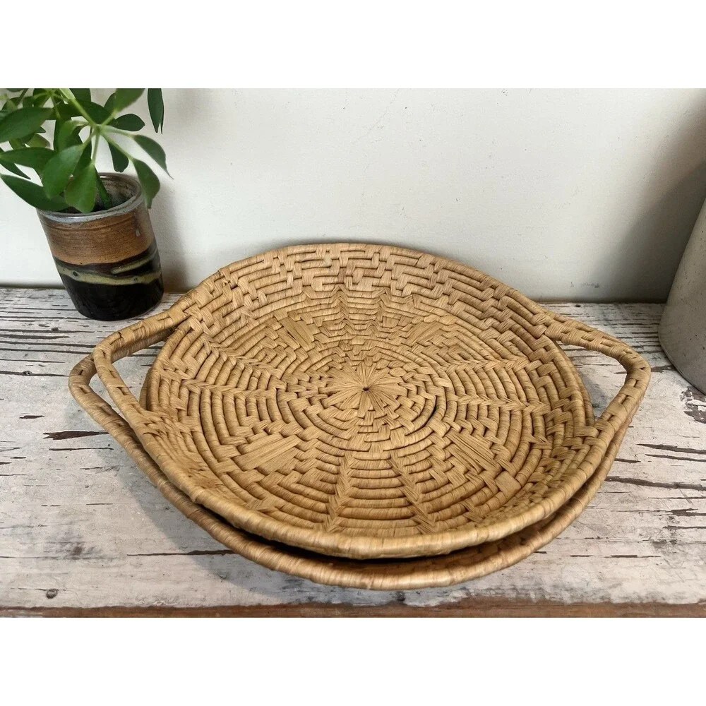 Vintage Woven Wicker Nesting Baskets Sunburst Pattern W/ Handles 14” x 11” Boho